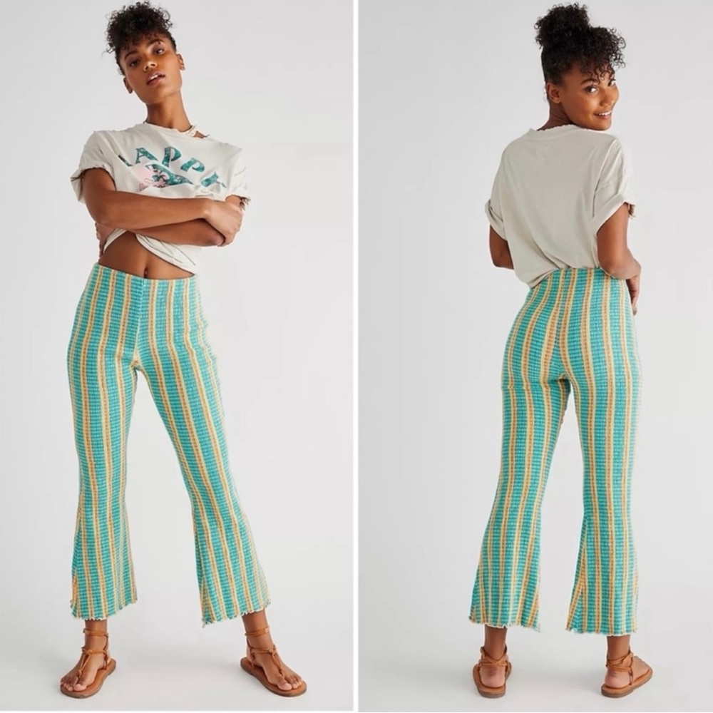 Free people fine line slim pants green yellow stripe
